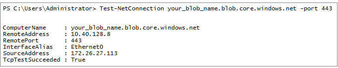 Capture d’écran de la connectivité du point de terminaison privé de stockage.