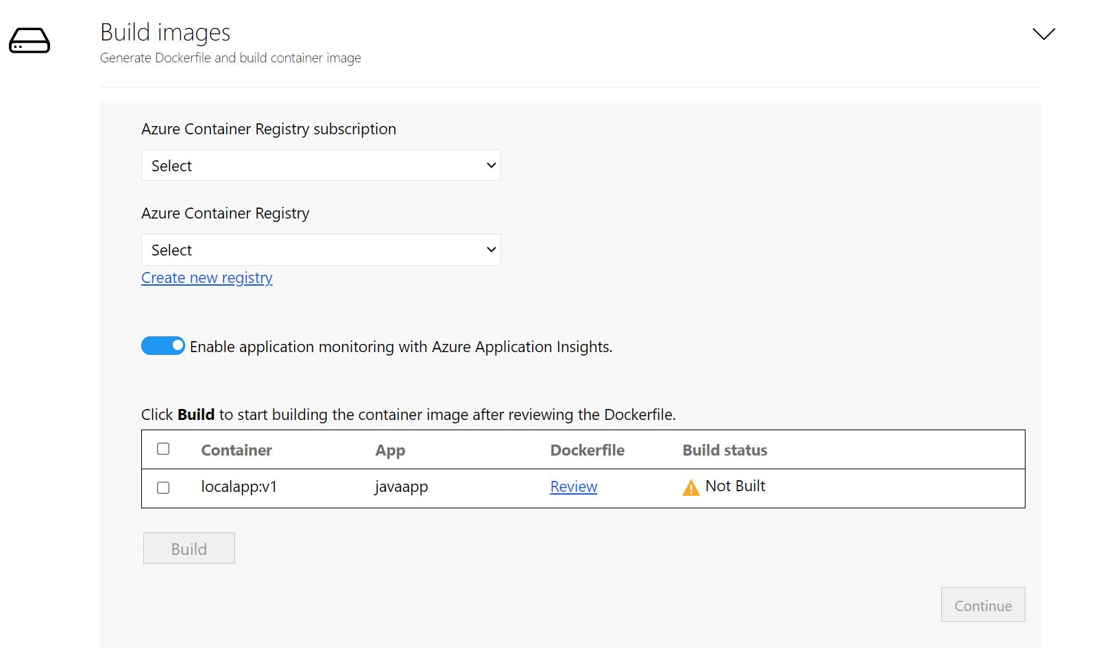 Capture d’écran de la sélection d’un Azure Container Registry d’application.