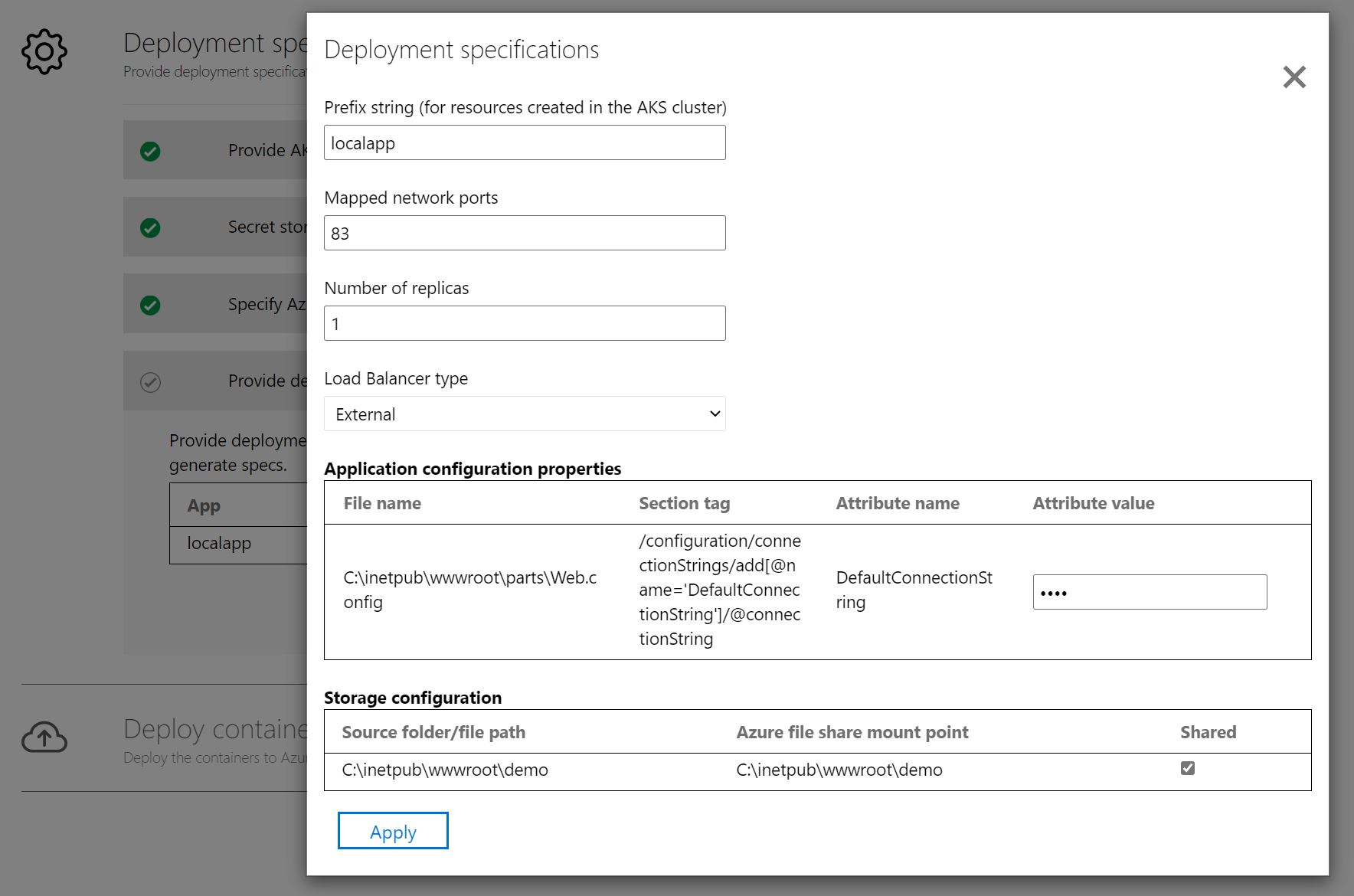 Capture d’écran de la configuration de l’application de déploiement.