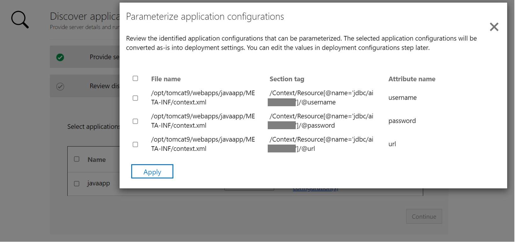 Capture d’écran de l’application ASP.NET de paramétrage de la configuration de l’application.