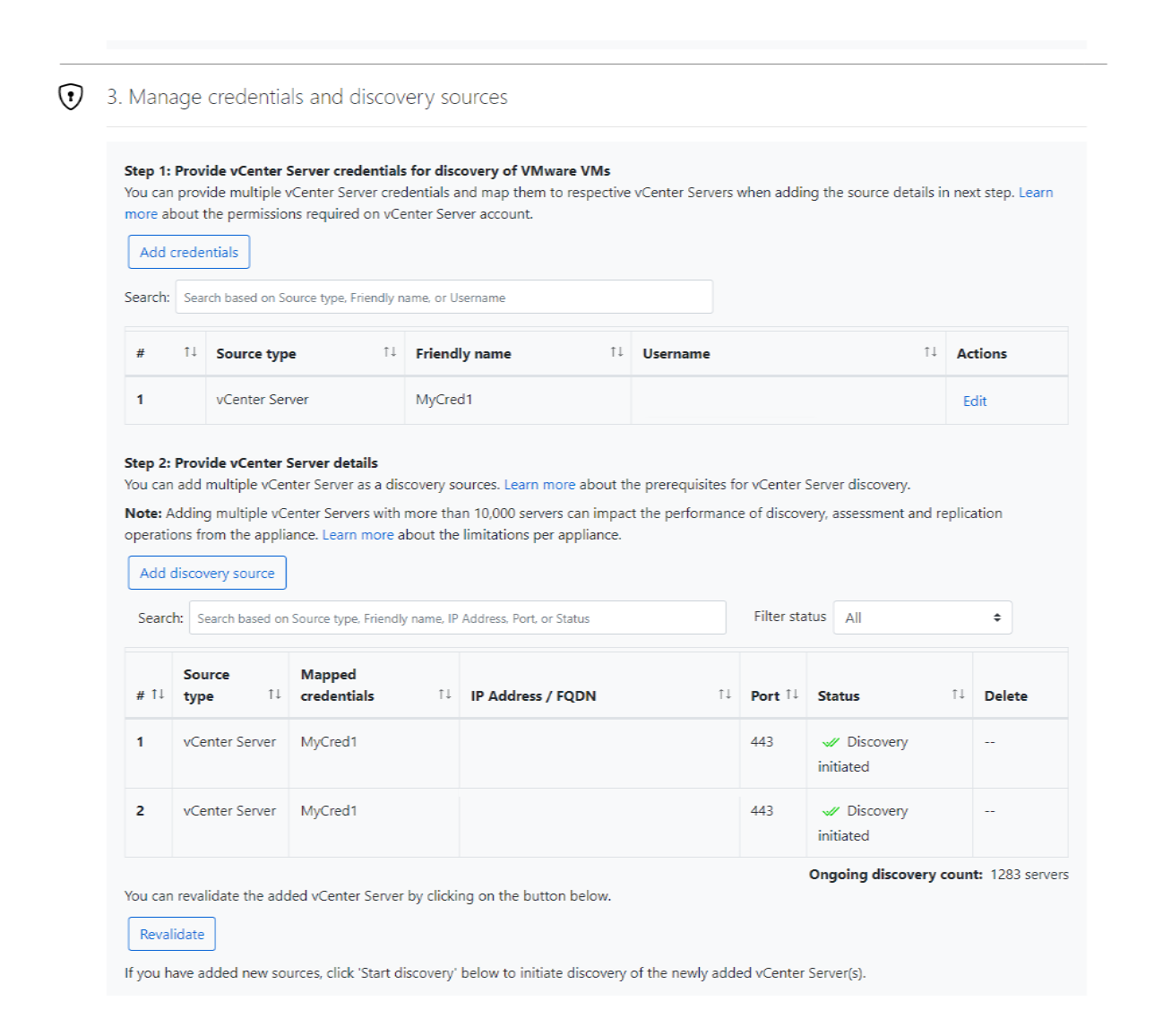 Capture d’écran montrant la gestion des informations d’identification et des sources de découverte pour vCenter Server dans le gestionnaire de configuration d’appliance.