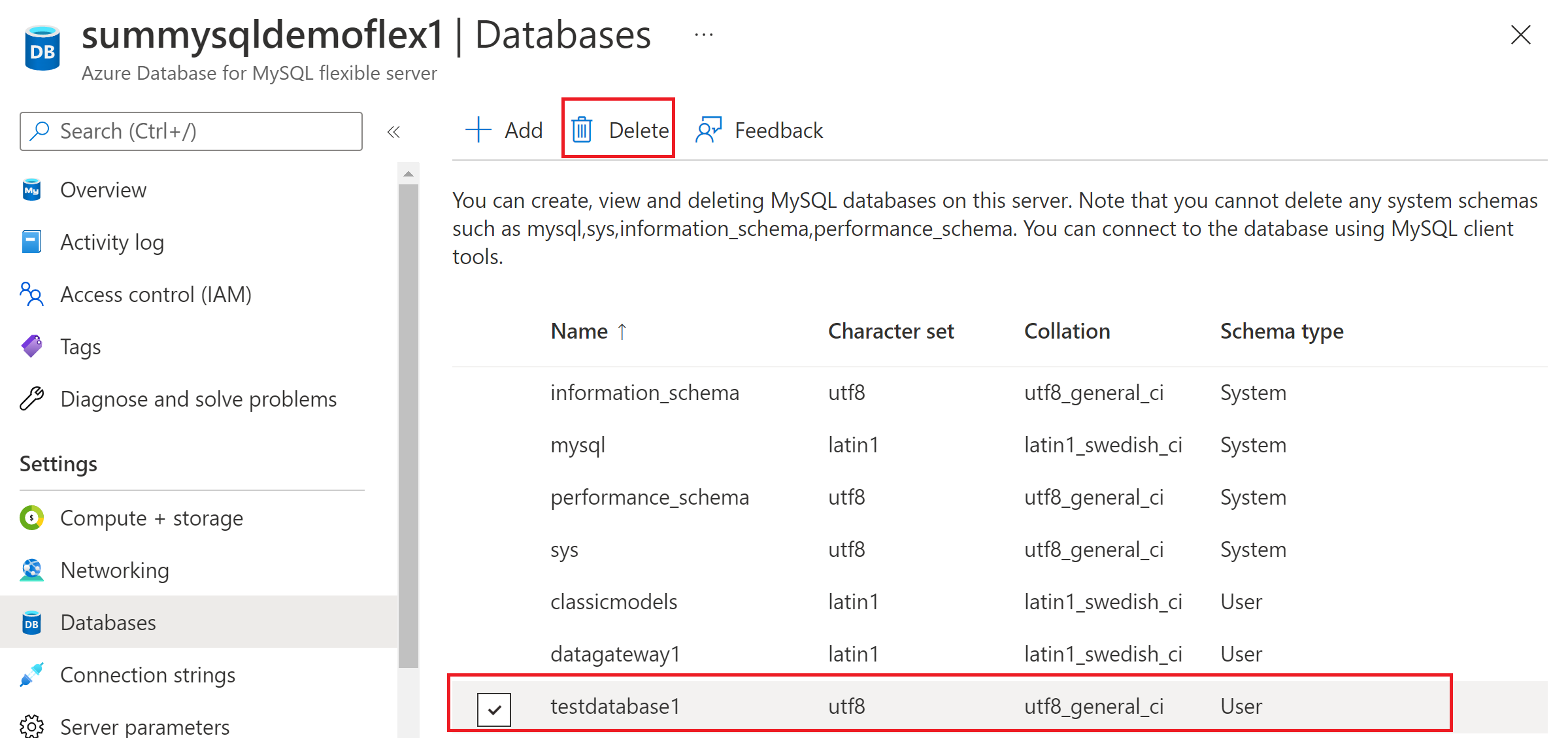 Capture d’écran montrant comment supprimer une base de données sur le serveur flexible Azure Database pour MySQL.