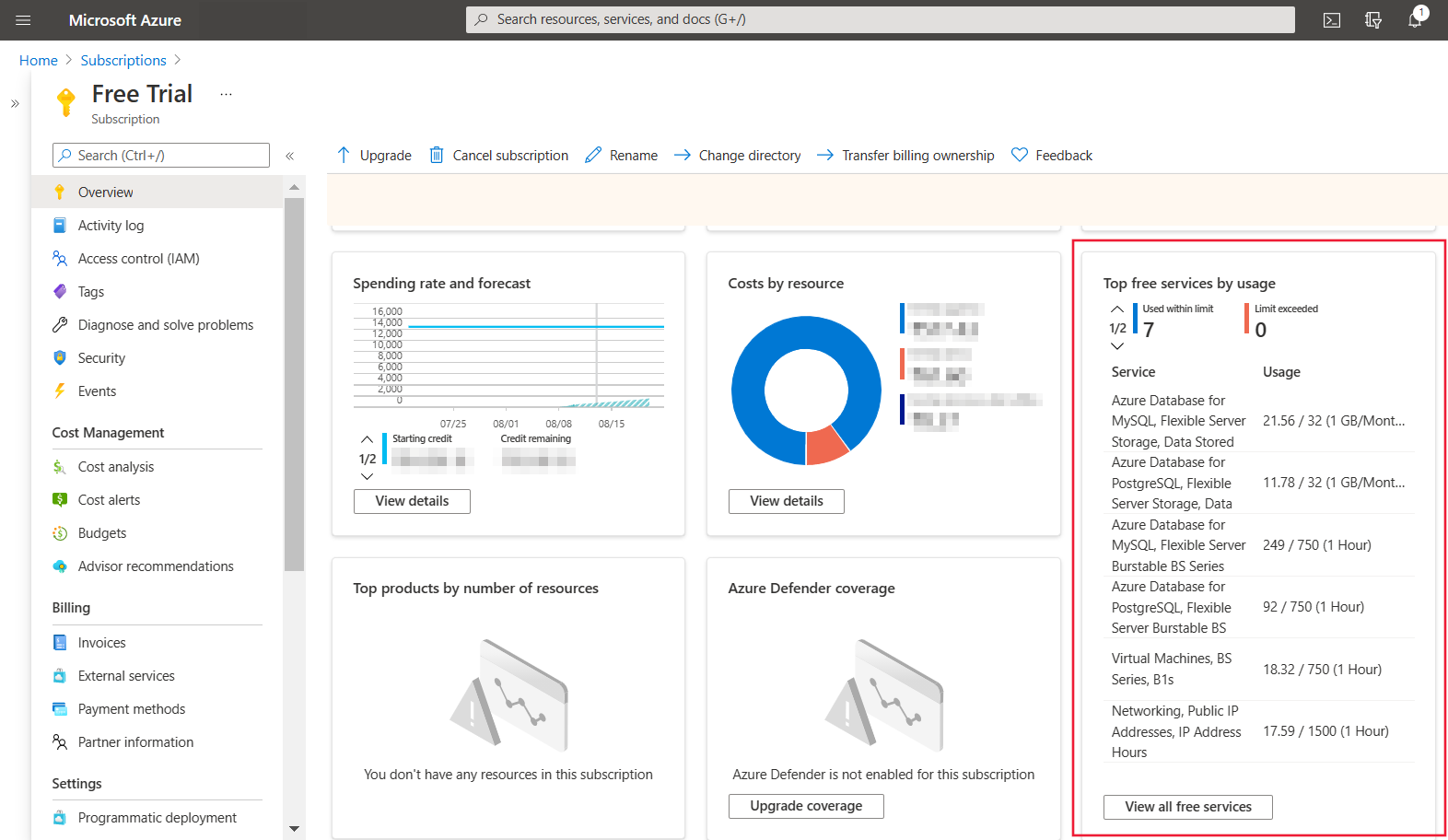 Capture d’écran montrant la page de présentation de l’abonnement à la version d’évaluation gratuite et mettant en surbrillance la Vue d’ensemble de l’ensemble des services gratuits.