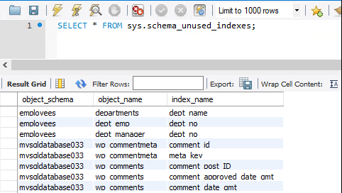 Capture d’écran de Index inutilisés.