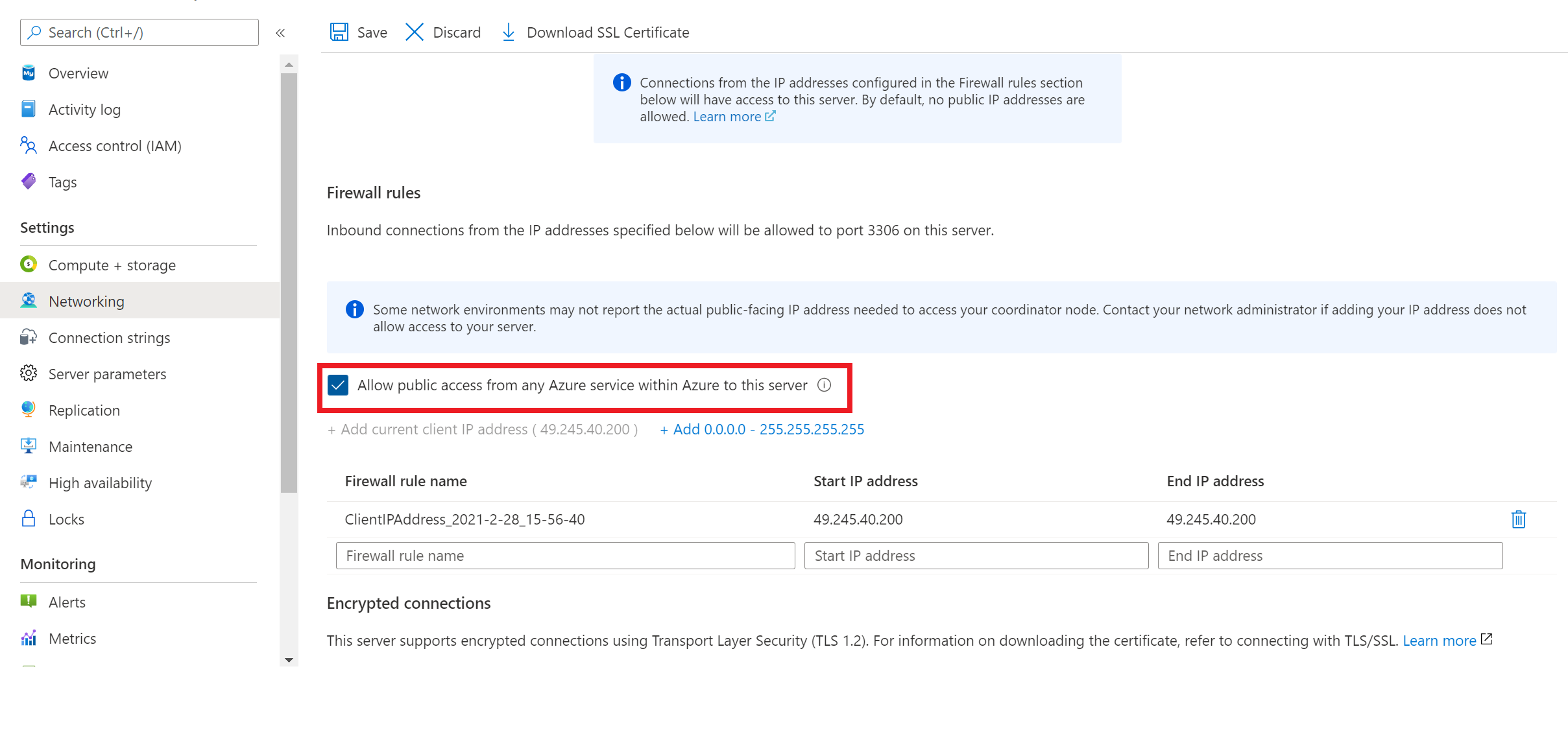 Capture d’écran qui montre comment octroyer à Azure Cloud Shell l’accès à un serveur flexible Azure Database pour MySQL pour la configuration du réseau d’accès public.