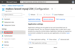 Capture d’écran montrant comment ouvrir l’onglet Paramètres généraux dans la page de configuration d’App Service.