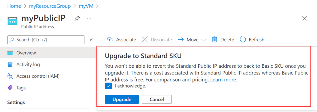Capture d’écran de la sélection de mise à niveau de l’adresse IP publique.