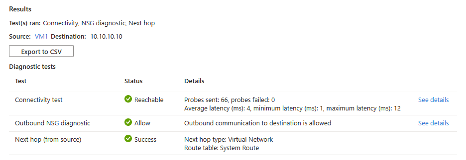 Capture d’écran montrant les résultats des problèmes de connexion après avoir testé la connexion à une adresse IP accessible.