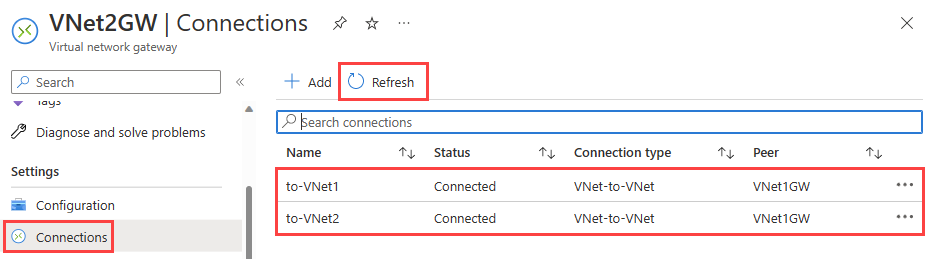 Capture d’écran des connexions de passerelle dans le portail Azure et leur état connecté.