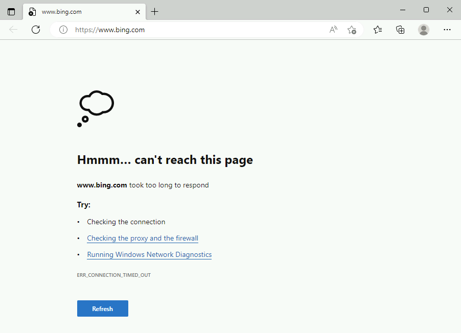 Capture d’écran montrant que la page Bing n’est pas accessible dans un navigateur web.