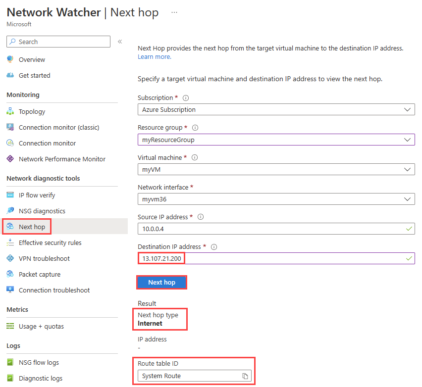 Capture d’écran montrant comment tester la communication pour www.bing.com à l’aide de la capacité de tronçon suivant Azure Network Watcher.