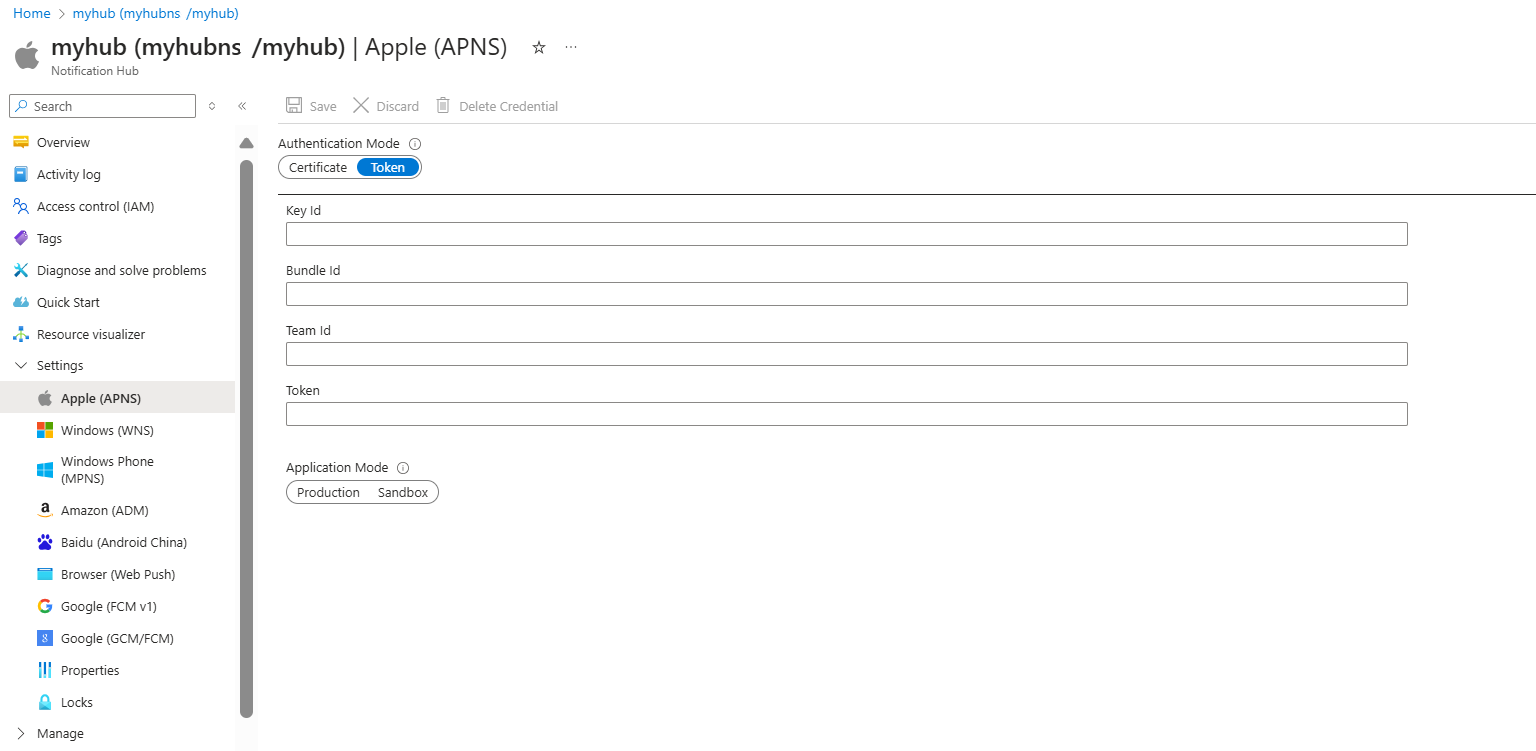 Capture d’écran de la configuration d’un jeton APNS dans le portail Azure.