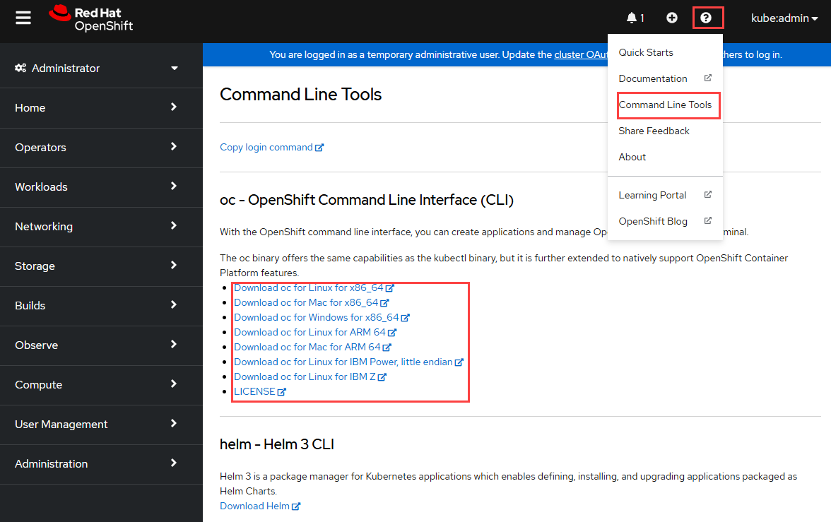 Capture d’écran qui met en évidence l’option Command Line Tools (Outils en ligne de commande) dans la liste lorsque vous sélectionnez l’icône ?.