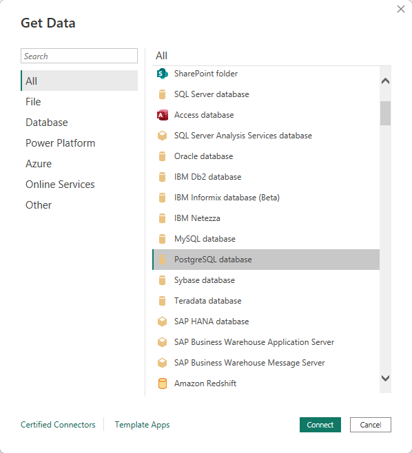 Capture d’écran de l’ajout d’une connexion postgresql dans Power BI.