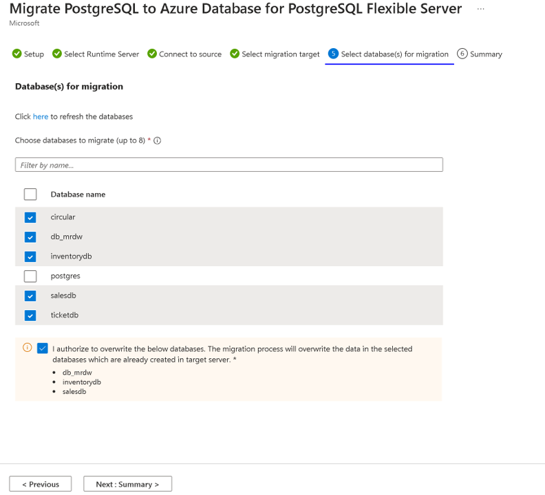 Capture d’écran de la page de récupération de base de données pour la migration dans le portail Azure.