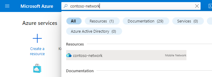 Capture d’écran du portail Azure montrant les résultats de la recherche d’une ressource Réseau mobile.