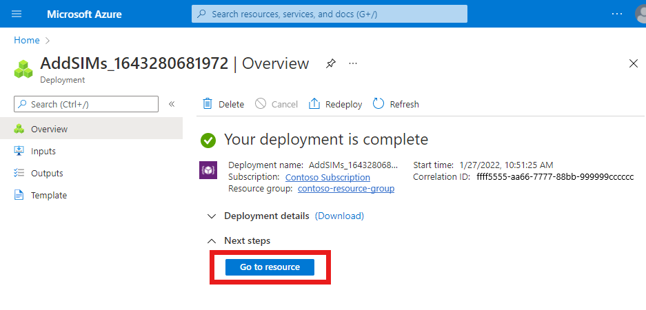 Capture d’écran du portail Azure montrant le déploiement réussi d’une ressource SIM et le bouton Accéder à la ressource.