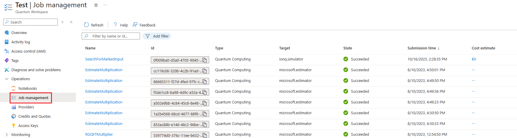 Capture d’écran de Portail Azure montrant comment récupérer la liste des travaux.