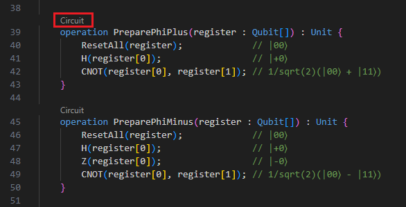 Capture d’écran de Visual Studio Code montrant comment visualiser les circuits dans le Q# volet circuits après le débogage du programme.