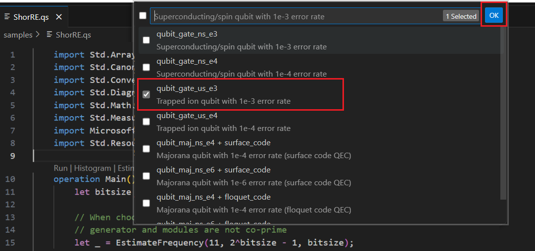 Capture d’écran montrant comment sélectionner le paramètre qubit dans le menu Estimation des ressources.