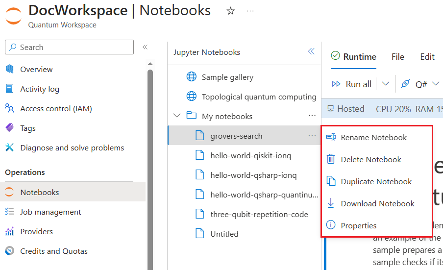 Capture d’écran du volet contextuel du notebook dans Azure Quantum.