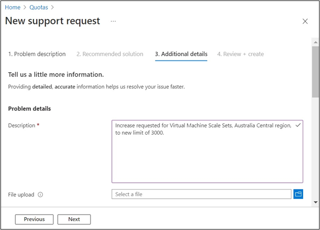 Capture d'écran montrant l'étape Détails du problème d'une demande d'augmentation de quota dans le portail Azure.