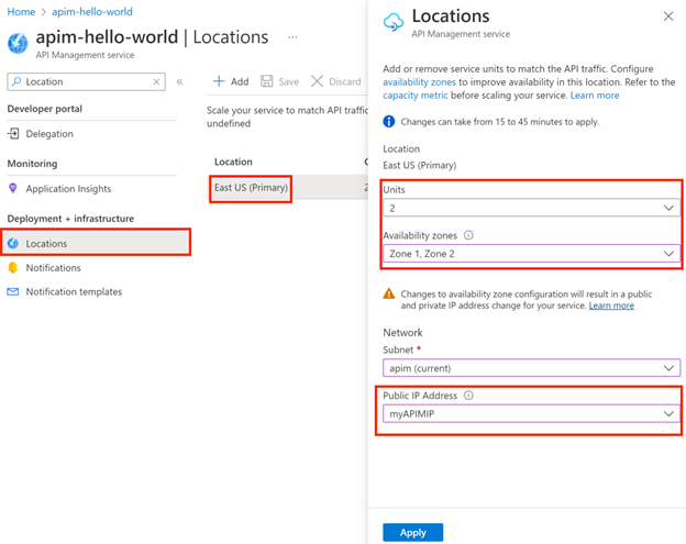 Capture d’écran montrant les sélections pour la migration d’un emplacement existant de l’instance de gestion des API (plateforme stv2) qui est injectée dans un réseau virtuel.