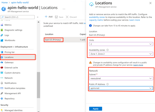 Capture d’écran montrant les sélections pour la migration d’un emplacement existant de l’instance de gestion des API qui est injectée dans un réseau virtuel.