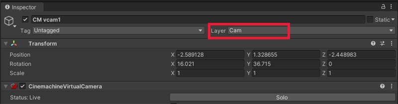 Capture d'écran montrant le panneau d'inspection de Unity pour les paramètres de la caméra dans Cinemachine.