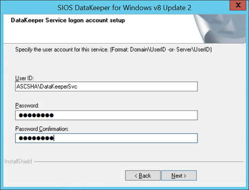 Figure 34 : Entrer le nom et le mot de passe de l’utilisateur du domaine pour l’installation de SIOS DataKeeper