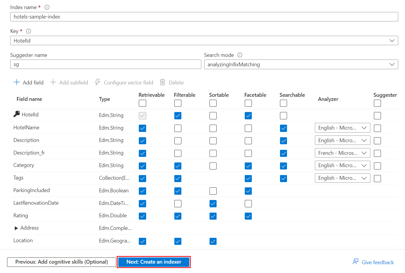 Capture d’écran montrant la définition de l’index généré pour la source de données hotels-sample dans l’assistant Importation des données.