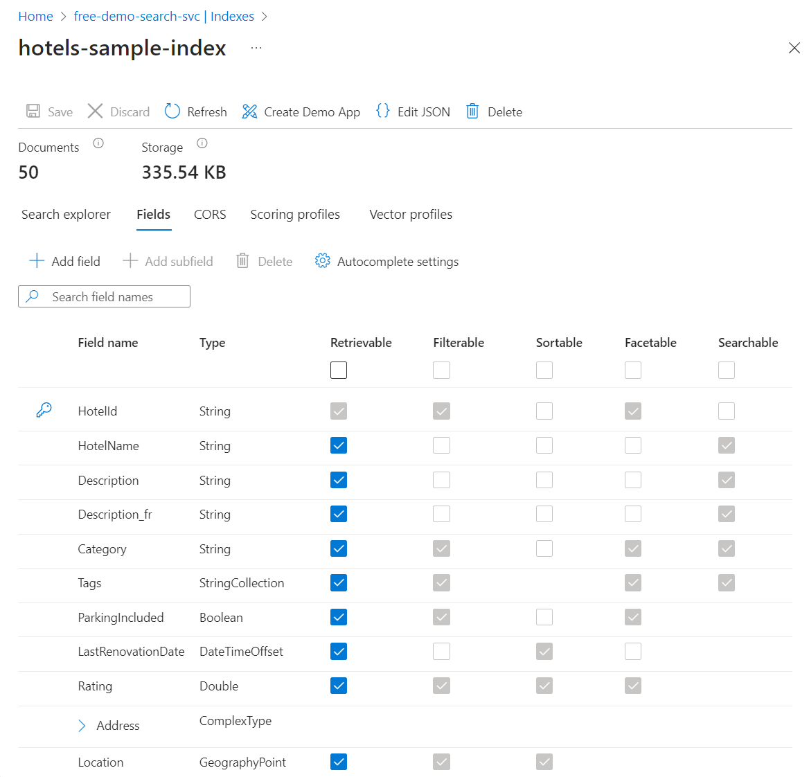 Capture d’écran montrant la définition de schéma pour un index dans le service Recherche Azure AI dans le portail Azure.