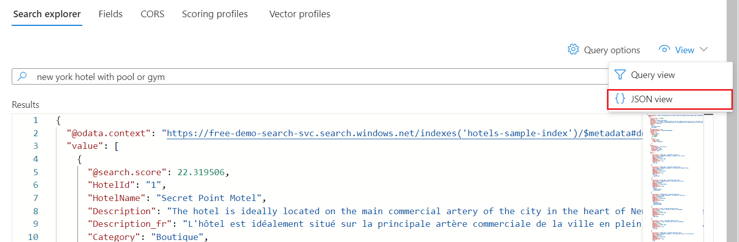 Capture d’écran du sélecteur de vue JSON.