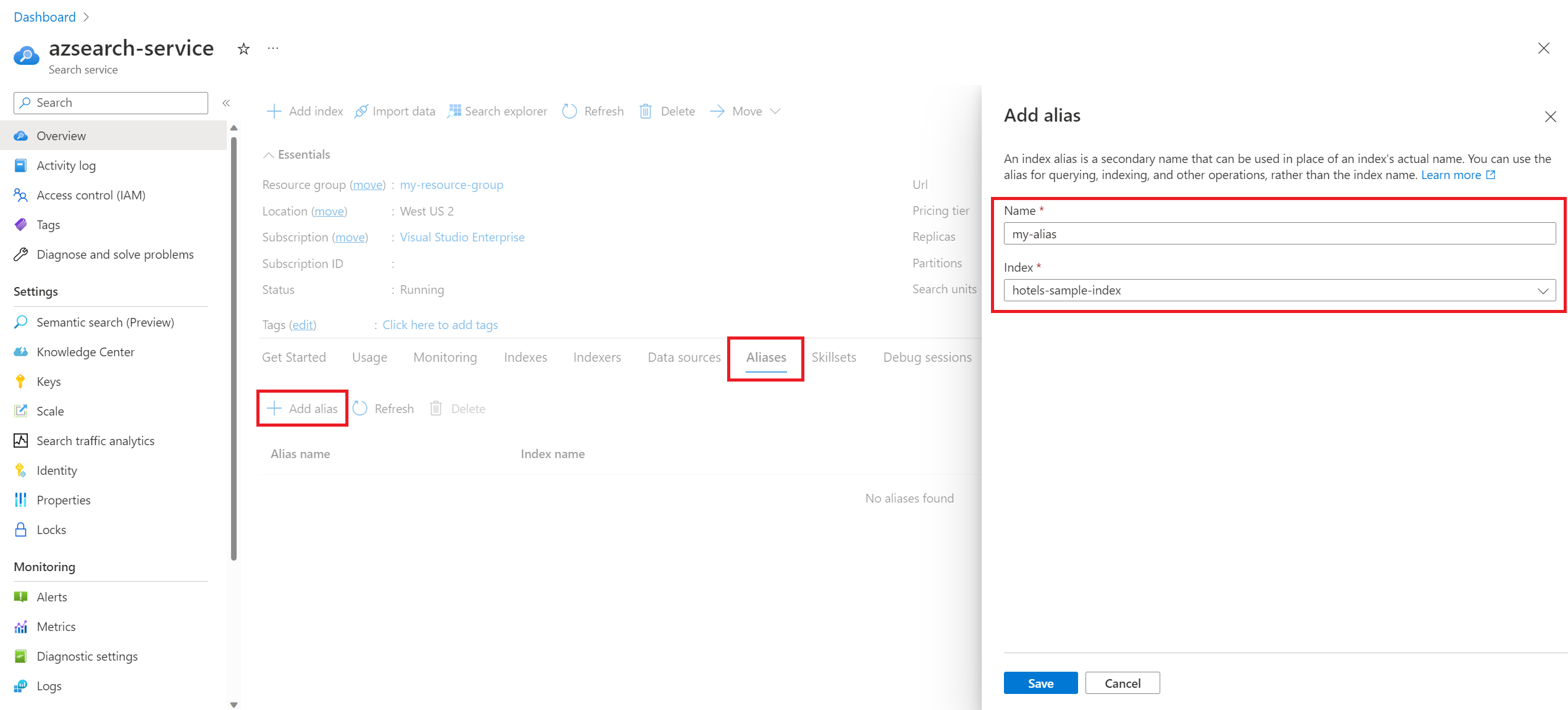 Capture d’écran de la création d’un alias dans le Portail Azure.