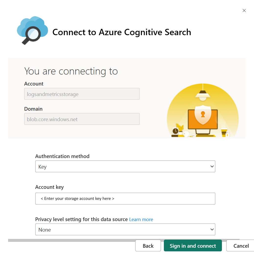 Capture d’écran montrant comment entrer la méthode d’authentification, la clé de compte et le niveau de confidentialité dans la page Se connecter à la Recherche cognitive Azure.