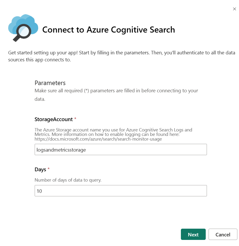 Capture d’écran montrant comment entrer le nom du compte de stockage et le nombre de jours à interroger dans la page Se connecter à la Recherche cognitive Azure.