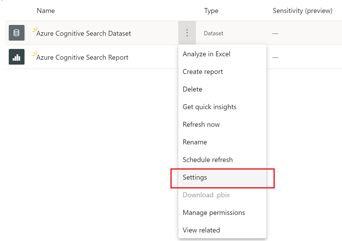 Capture d’écran montrant comment sélectionner Paramètres à partir des options de jeu de données de recherche cognitive Azure.