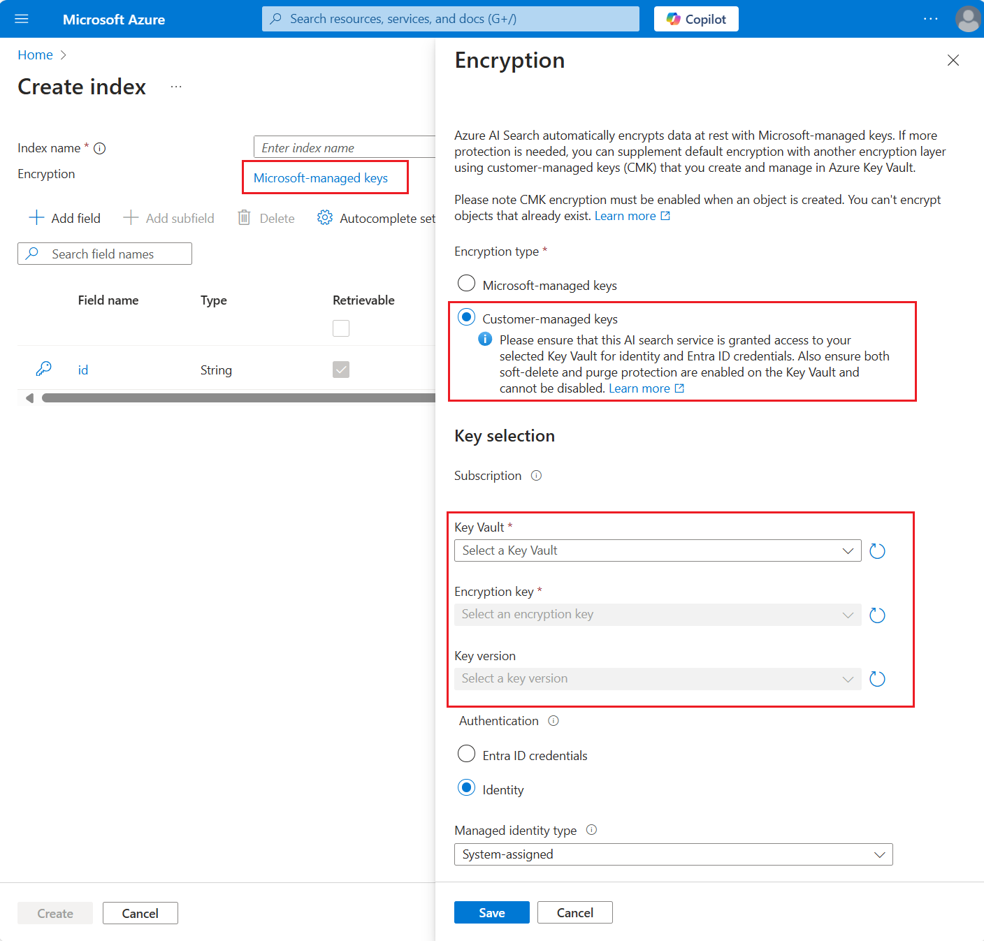 Capture d’écran de la page de chiffrement de clé dans le portail Azure.