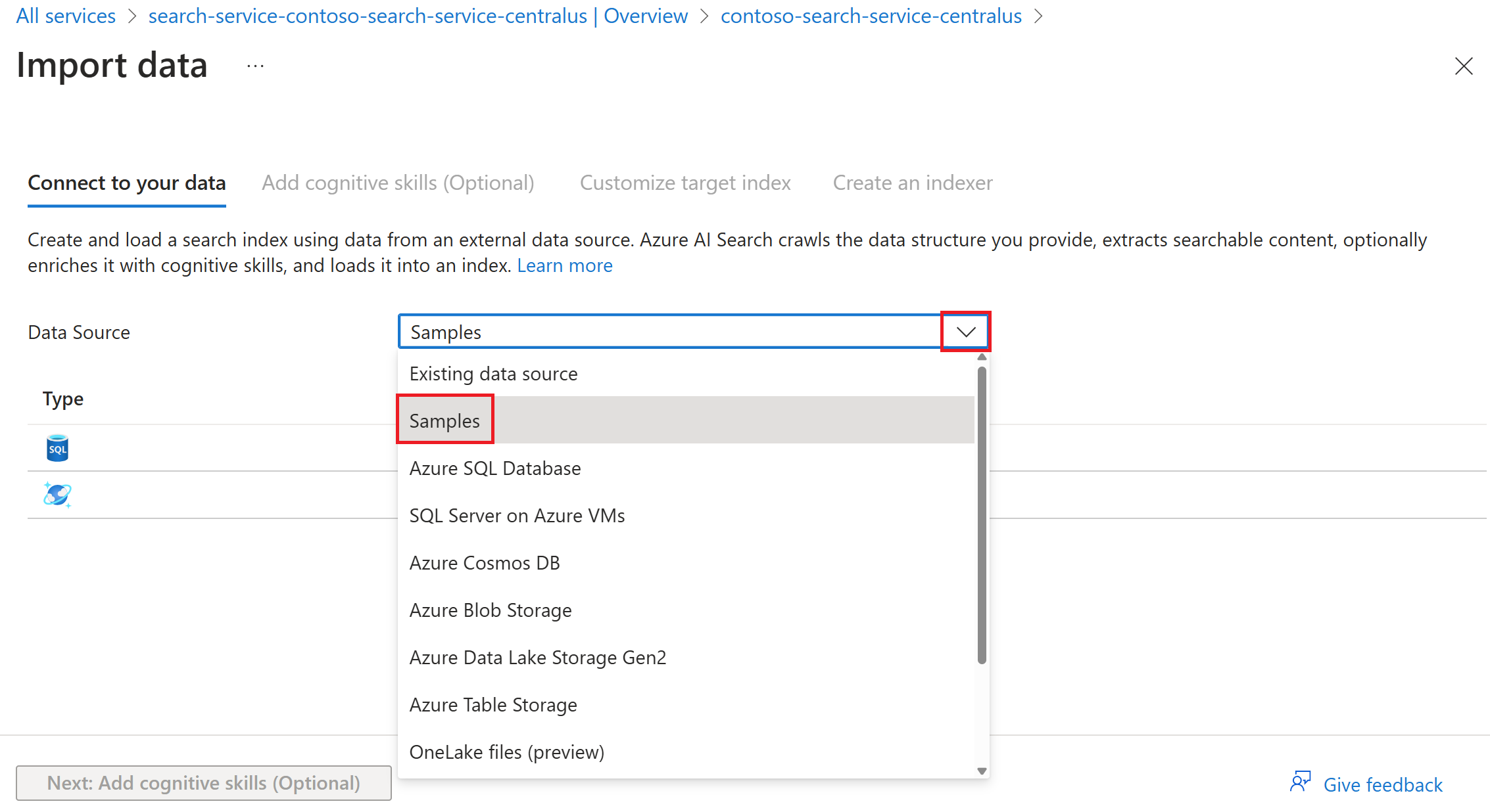 Capture d’écran de la page Importer des données avec l’option Exemples sélectionnée.