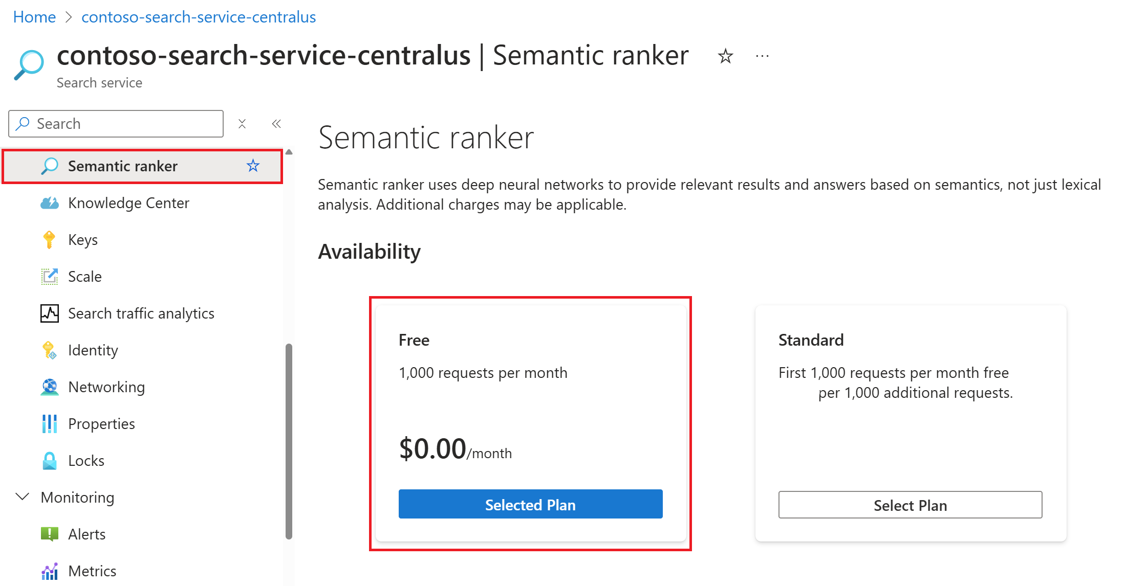 Capture d’écran de l’activation du classement sémantique dans le portail Azure.