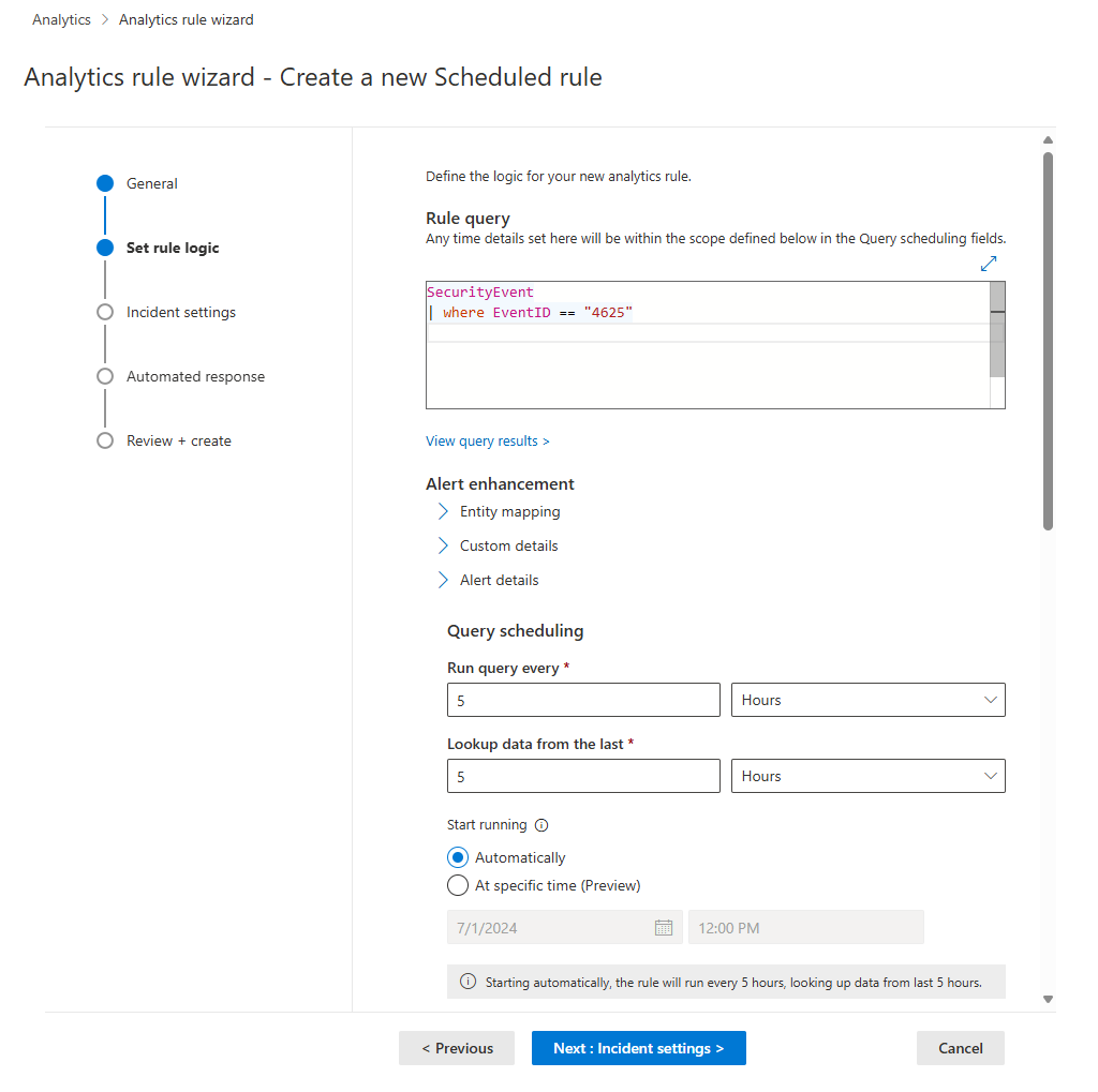 Capture d’écran montrant la première moitié de l’onglet Définir la logique de la règle dans l’Assistant Règle analytique du portail Defender.