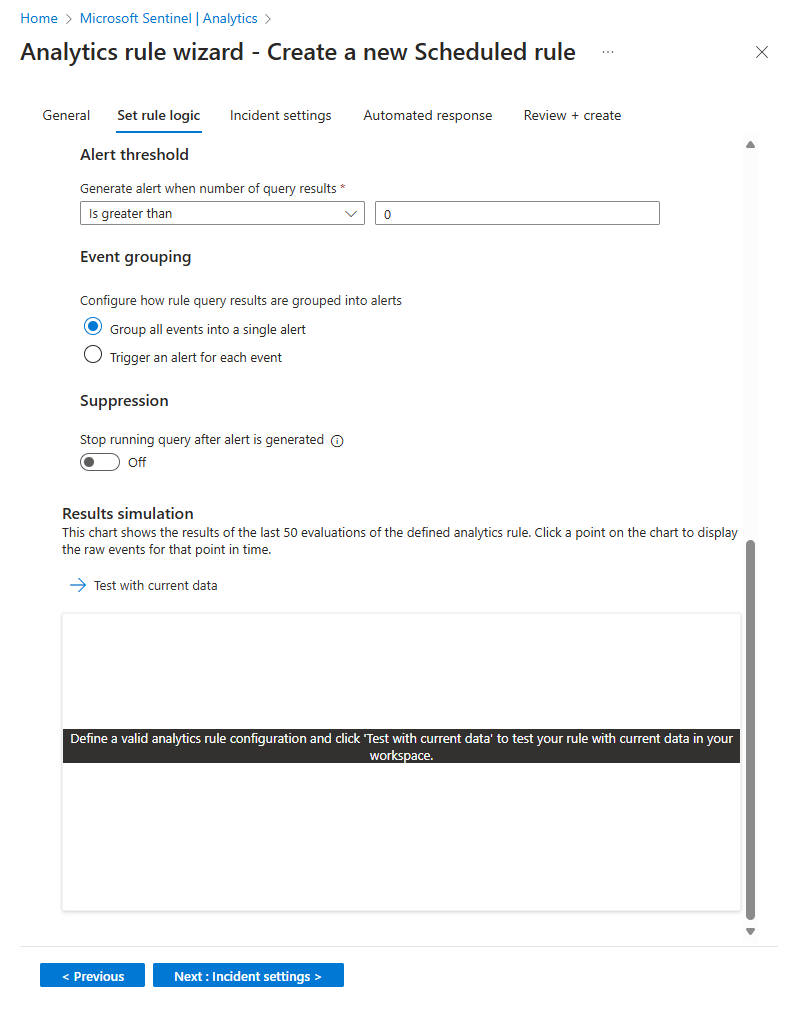 Capture d’écran montrant la deuxième moitié de l’onglet Définir la logique de la règle dans l’Assistant Règle analytique du Portail Azure.