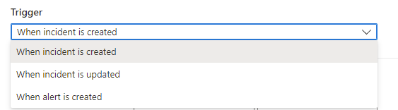 Capture d’écran de la sélection du déclencheur de création d’incident ou de mise à jour d’incident.