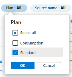 Capture d’écran montrant comment filtrer la liste des applications sur le type de plan Standard.