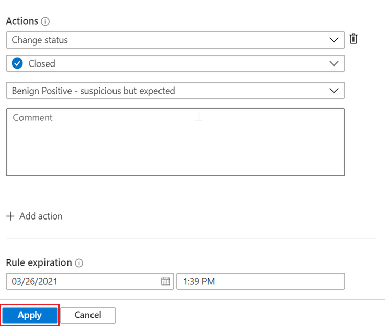 Capture d’écran montrant comment terminer la création et l’application d’une règle d’automatisation dans Microsoft Sentinel.