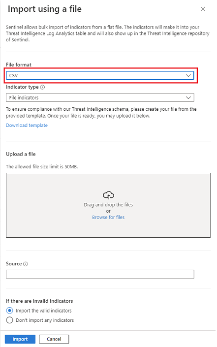 Capture d’écran montrant le menu déroulant qui permet de charger un fichier CSV ou JSON, choisir un modèle à télécharger et spécifier une source.