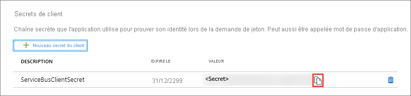 Capture d’écran de la section Secrets client avec le secret que vous avez ajouté.