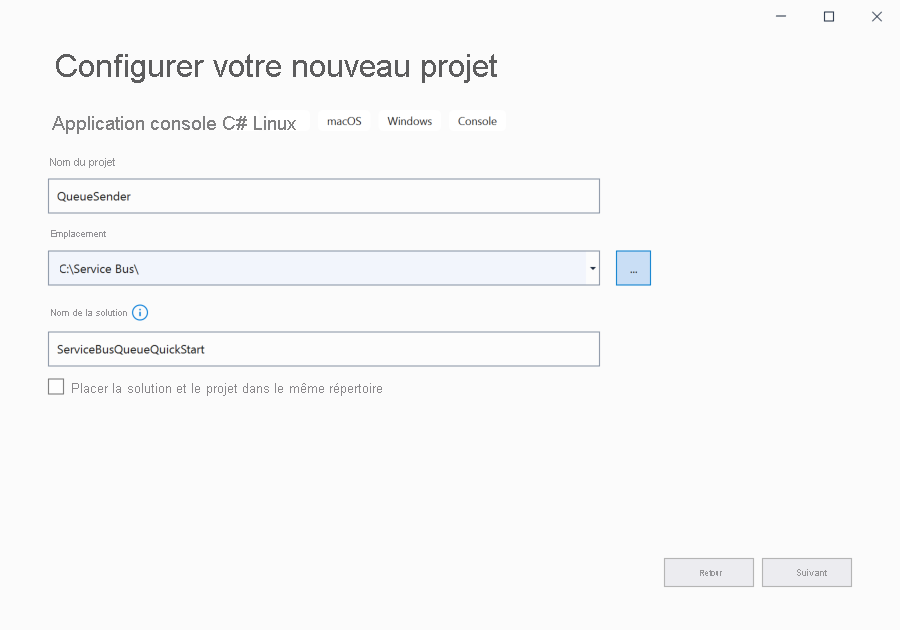 Image représentant les noms de la solution et du projet dans la boîte de dialogue Configurer votre nouveau projet 