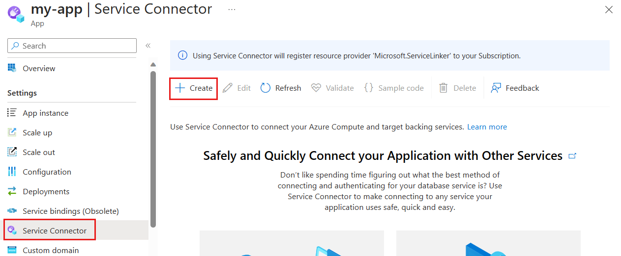 Capture d’écran du portail Azure, avec sélection du bouton pour créer une connexion.