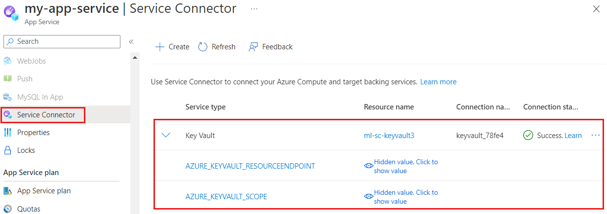 Capture d’écran du portail Azure montrant les détails de la connexion de service.